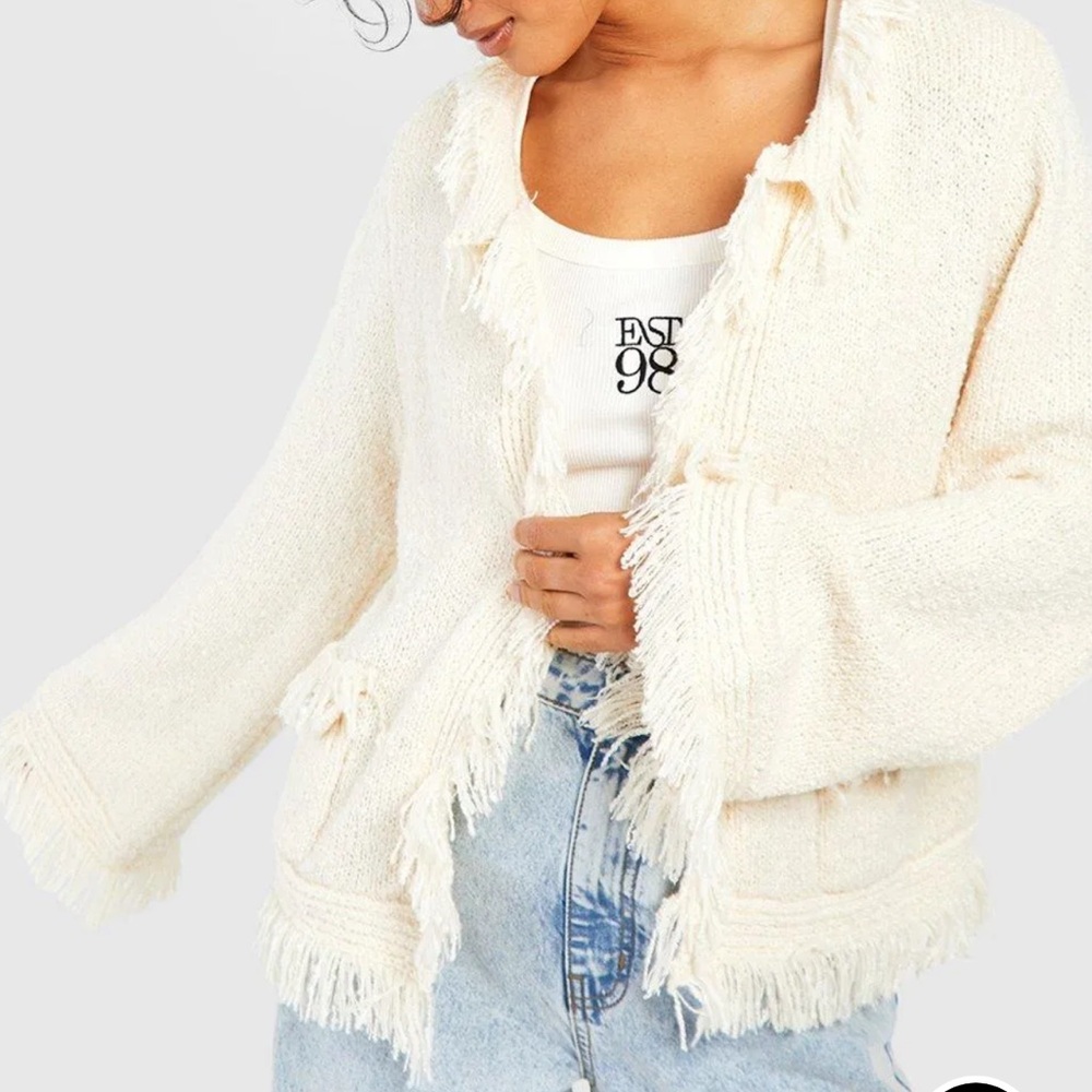 Boohoo Ivory Fringe Hem Knit Cardigan Size L